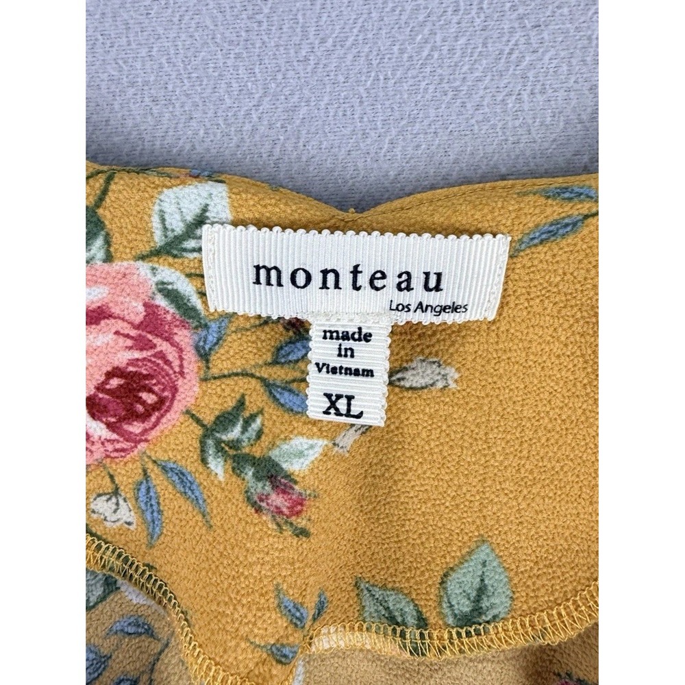 Monteau Women's Sz XL Mustard Yellow Floral‎ Print Cold Shoulder Blouse Top - Picture 4 of 8